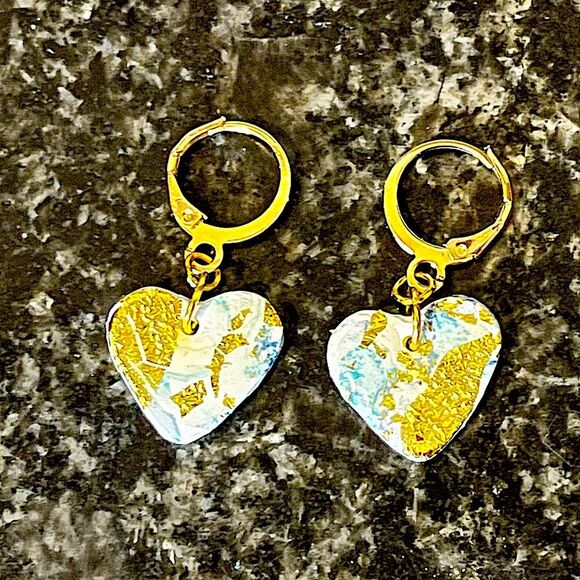 NEW White, Blue, & Gold Leaf Marbled Resin & Polymer Clay Heart Dangle Earrings - Picture 1 of 4